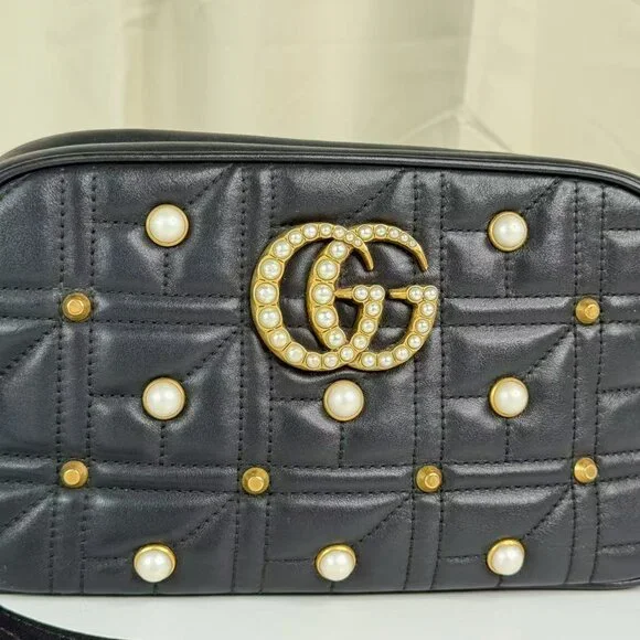 Gucci Black Leather Marmont Shoulder Bag Crossbody with Pearl Embellished - Picture 6 of 9
